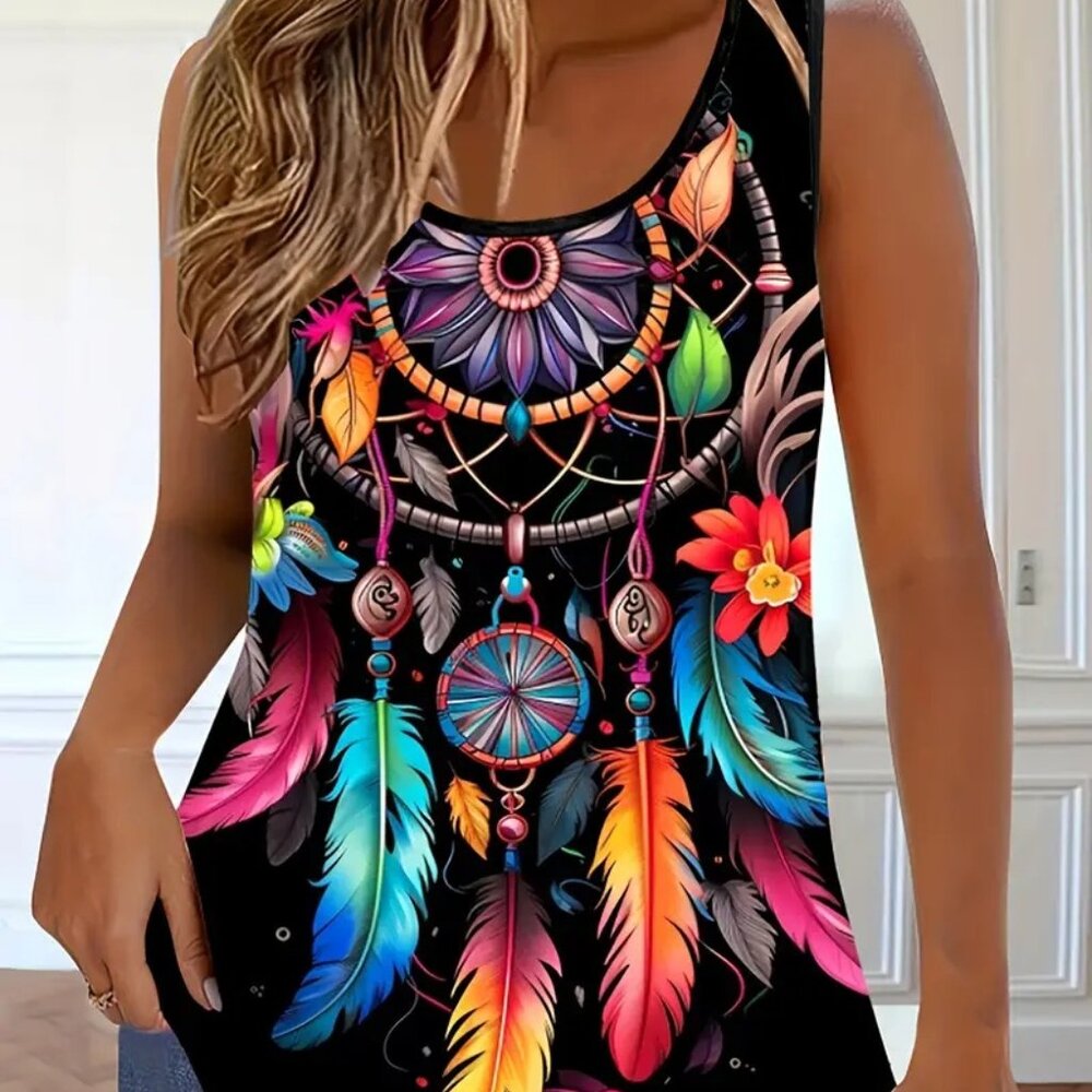 New Lightweight Summer Women's Bohemian Dreamcatcher & Print Tank Top L
